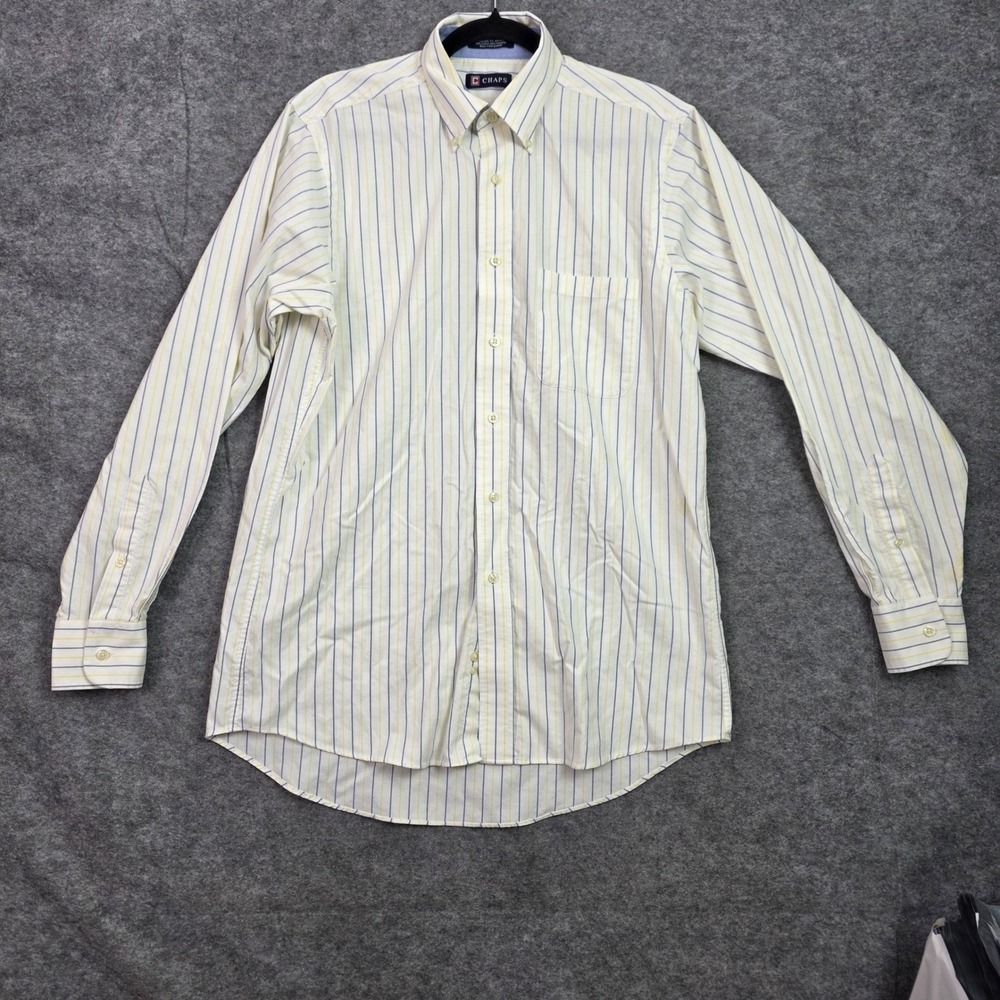 Chaps Mens Classic Fit Oxford Shirt White Blue Yellow Striped 15-15.5 34-35